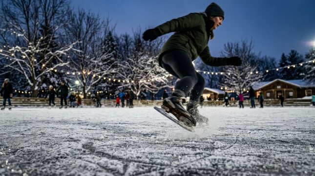 A young woman in warm winter clothes ice skates on a snowy outdoor rink.