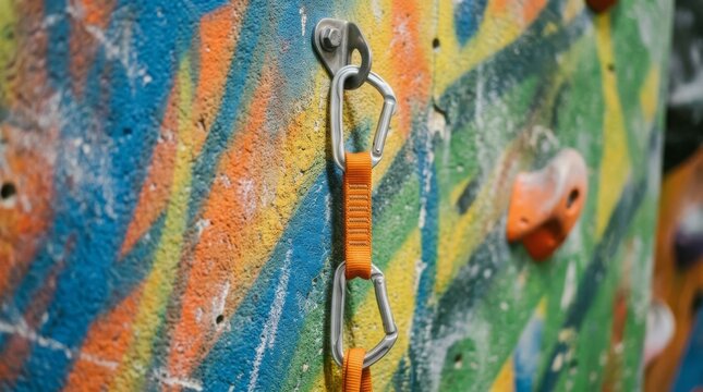 A silver metal carabiner hangs attached to a colorful climbing wall in a gym.