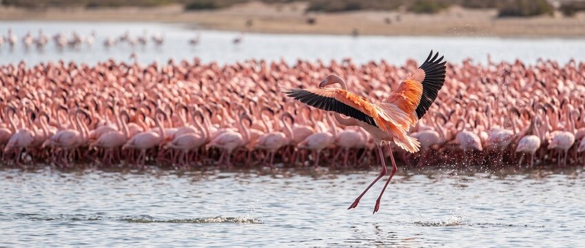 A Flock of Flamingos Taking Flight: A stunning image captures a large colony of pink flamingos gathered in shallow water, with one flamingo gracefully taking flight, its wings spread wide.