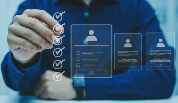 A business professional reviewing digital candidate profiles on a transparent interface. Human resources concept for corporate recruitment and talent acquisition ads.