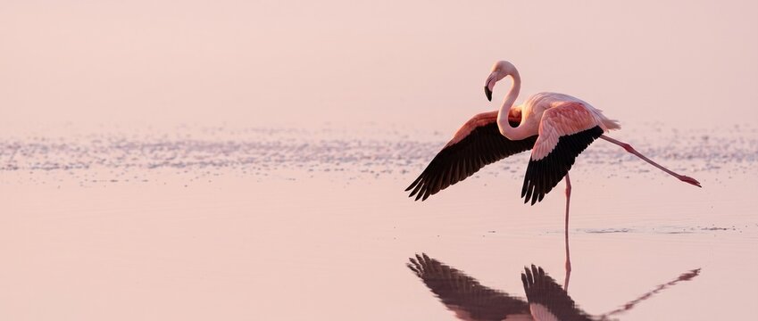 Flamingo in Flight: A vibrant flamingo gracefully takes flight over a tranquil body of water, its reflection shimmering below in the soft, diffused light of dawn.