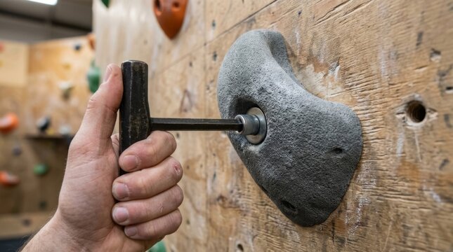 A close up shot of a hand using a tool on a climbing wall hold.