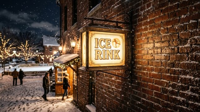 Illuminated sign on brick building outdoors at night during winter time.