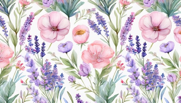 cute soft pastel pink and lavender flowers watercolor seamless pattern watercolor print in rustic vintage style textile or wallpapers