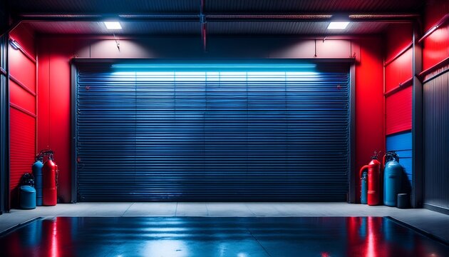 dark industrial garage with roller door concrete walls feature red and blue neon lights wet floor reflects colorful neon glow fire extinguisher on wall adds industrial detail