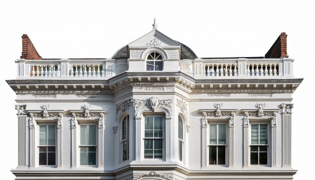 detailed white victorian townhouse facade with ornate architecture isolated