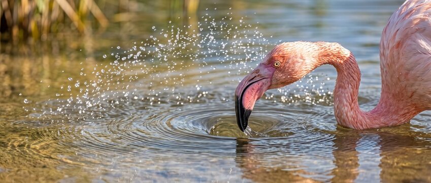 Pink Flamingo Drinking Water: A close-up of a beautiful pink flamingo with its head bent down to drink water from a shallow pond, creating ripples and splashes.