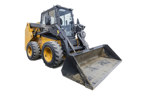A mini loader is positioned on a pure background, showcasing its structure and features without any other objects or people present.