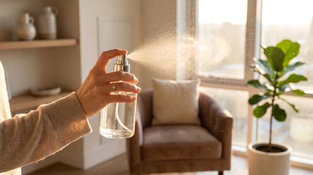Graceful hand spraying fine mist from glass freshener bottle in elegant living room during bright morning for calming aromatherapy concept