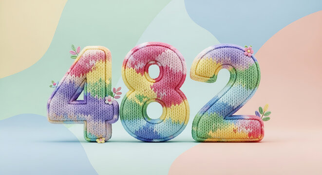 Whimsical 482 numbers in a tie-dye knitted style with flowers and leaves on a pastel background
