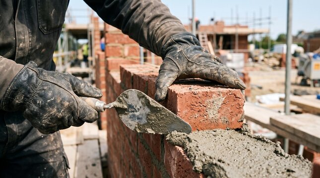 Mason using trowel to spread wet mortar across red brick wall while wearing protective gloves at an unfinished building construction site