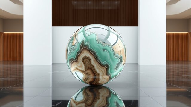 Marble sphere rests on glossy floor. Minimalist interior features neutral tones, symmetrical design, soft lighting. Reflective surface creates visual interest.