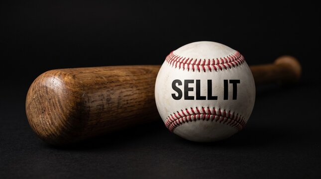 Baseball and wooden bat with sell it text on dark background, concept of selling, sales motivation and business deal