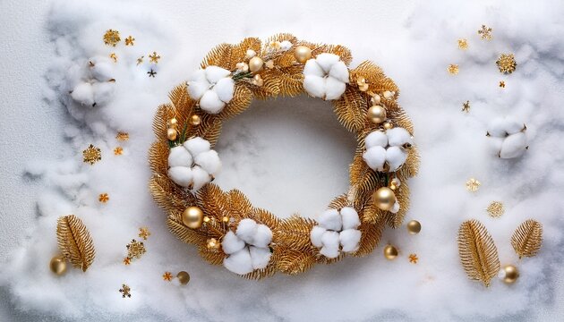 layflat of white and gold cotton flowers in the shape of a wreath on a white snowy background