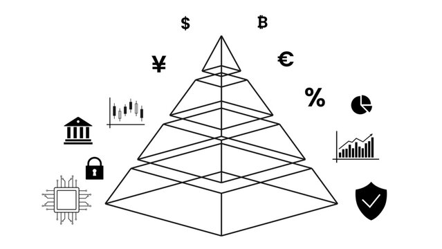 Vector illustration of four-tier wireframe pyramid structure with financial icons for global currencies, crypto, stock market charts, data analytics, and digital security on transparent background