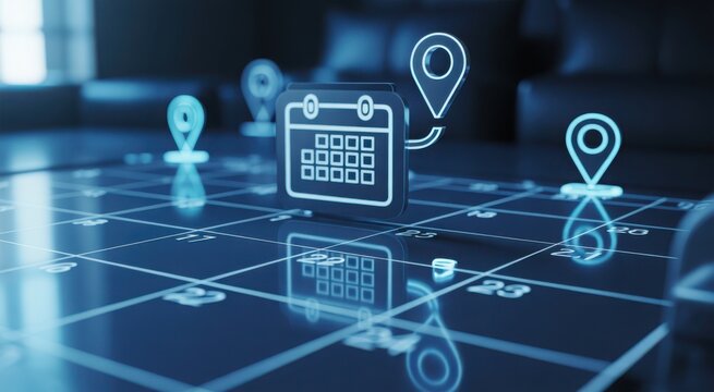 Futuristic glowing blue digital calendar and location pin icons on a reflective surface. Perfect for project management and business scheduling concepts.