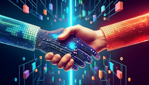 pixelated hands reaching out from screens to shake in a virtual handshake symbolizing online collaboration and connection concept of virtual partnerships generative ai
