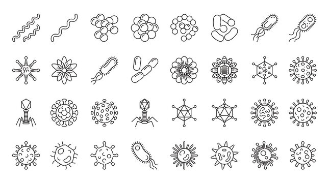 Microorganism and bacteria thin line icon set of virus microbe cell and pathogen