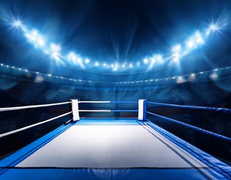 professional boxing ring under bright spotlights empty wrestling arena with dramatic blue lighting sports stadium interior for combat sports and martial arts