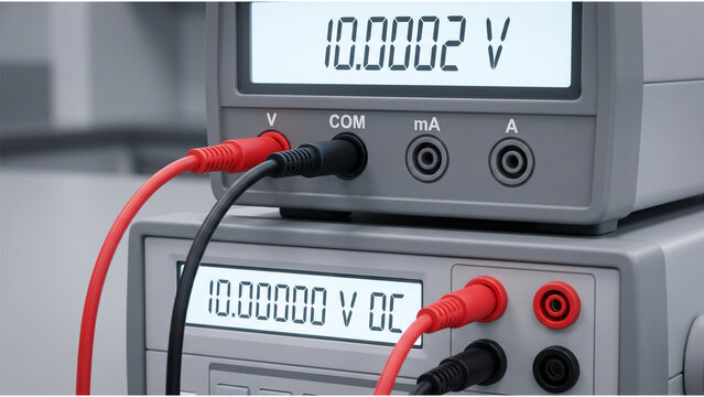 Close-up of digital multimeter voltage calibration in electrical laboratory