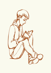 Obraz premium Vector drawing. Boy reading a book