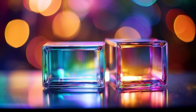 two clear square objects diffract light into colorful patterns with soft bokeh background