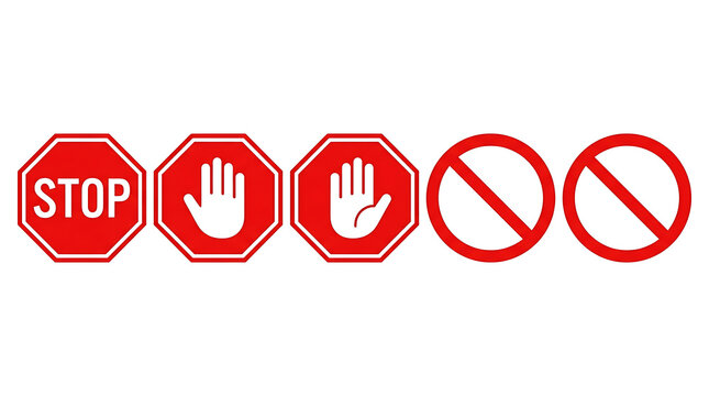 Red octagonal prohibition and stop signs collection with hand symbols and circular warning icons