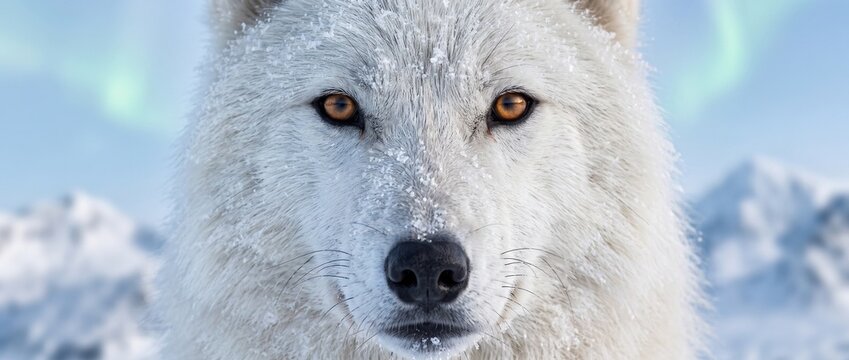 Majestic White Wolf Under Aurora Borealis: A stunning white wolf with piercing amber eyes stands stoically in a snow-covered mountainous landscape.