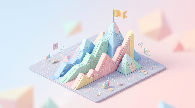 3D isometric render of pastel-colored mountain peaks representing financial growth charts, with a small flag on the highest summit and floating data icons on a grid base