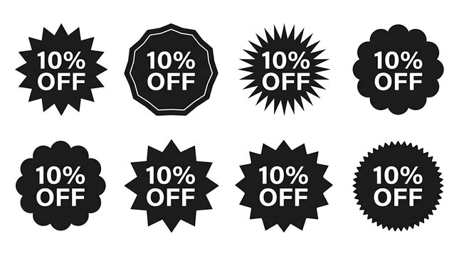 Set of black starburst and sunburst sale badges with 10% off discount text for retail marketing