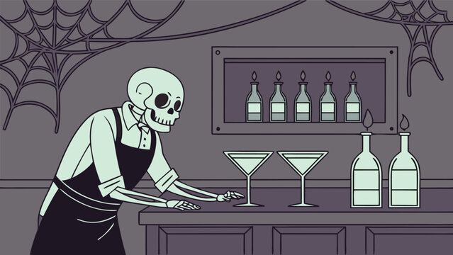 Skeleton bartender serving glowing cocktails in a gothic bar, vector illustration for Halloween party invitation and spooky event design