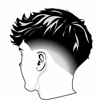 Black and white minimalist line art illustration of a man side profile with textured quiff haircut and smooth low skin fade isolated on white background. Modern mens hairstyle for barbershop logo.