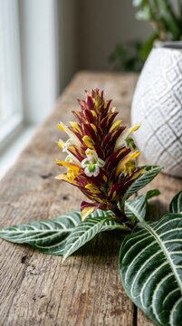 Closeup of a vibrant aphelandra squarrosa, commonly known as a zebra plant, featuring its striking yellow and maroon bracts and unique striped green foliage