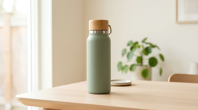 Minimalist sage green reusable water bottle with bamboo lid
