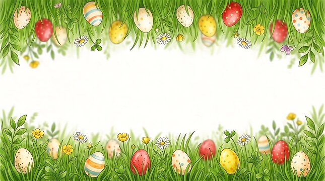 A vibrant easter scene with colorful eggs nestled amongst lush green grass and foliage