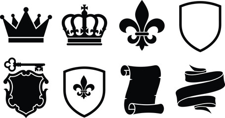 Black Royal Heraldry Icon Collection with Crowns, Fleur de Lis, Shields, Ornamental Frames and Vintage Scroll Designs © MdImamAli