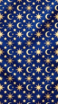 Seamless pattern with golden crescent moons and stars on a deep blue background, celestial night sky design for textile, wallpaper, or wrapping paper
