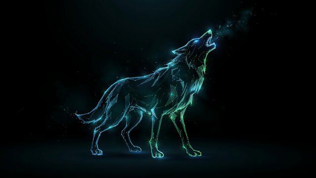 Neon wolf futuristic technology art polygon design with glowing lines and digital particle effects