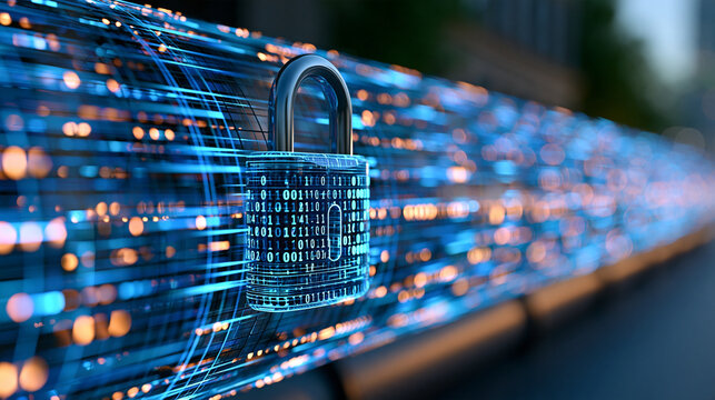 Close-up of a padlock icon securing a stream of glowing data packets moving through a digital pipeline, dark tech backdrop