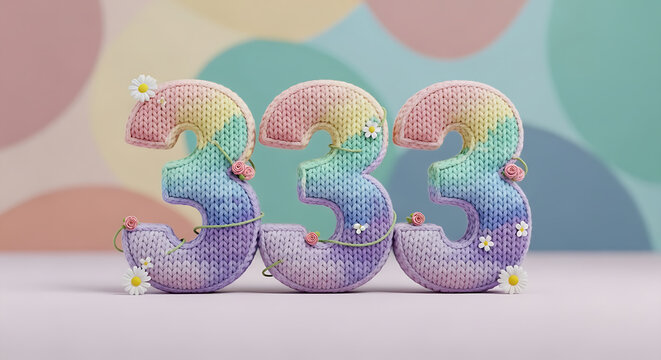 Three knitted number 3s in pastel rainbow colors, intertwined with vines and flowers, creating a whimsical and sweet aesthetic