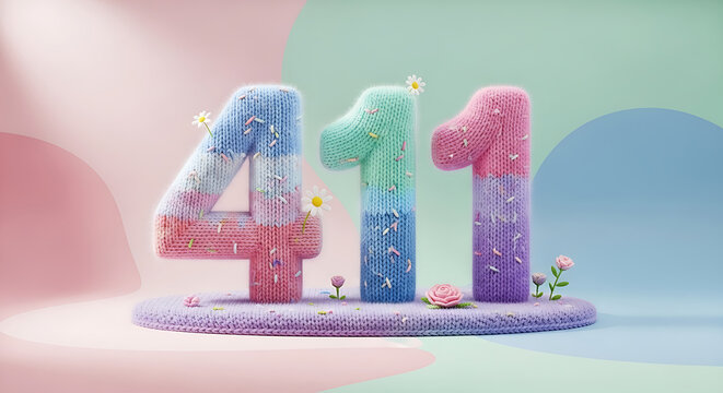 Knitted numbers 411 with pastel rainbow stripes and delicate floral accents, presented on a soft, abstract background