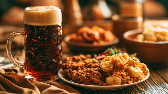 Traditional schnitzel with sides and a glass of dark beer breaded meat potato salad pub food