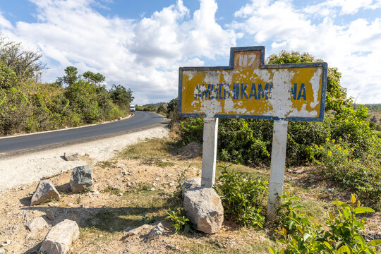 Weathered road sign on Route Nationale 7, Ambatolampy, Madagascar