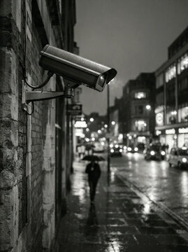 Security camera watching a lone figure walk down a wet street at night