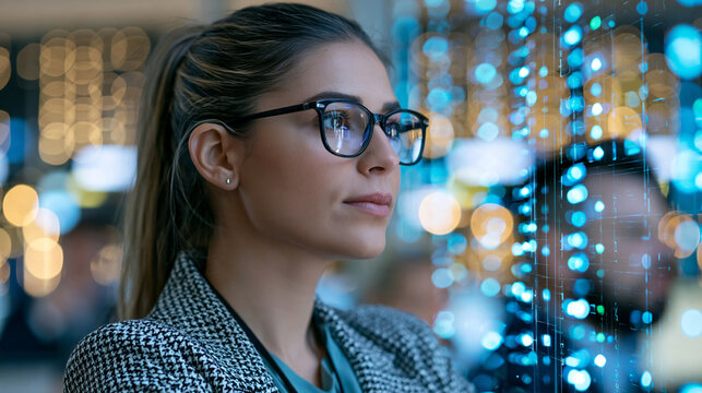 Compliance analyst reviewing a holographic data subject access request queue with glowing status indicators, quiet office