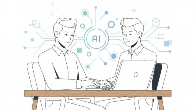 Animated Two Businessmen Working on Laptop with Artificial Intelligence AI Tech Connection Concept Vector Illustration Line Art Isolated on White Background   