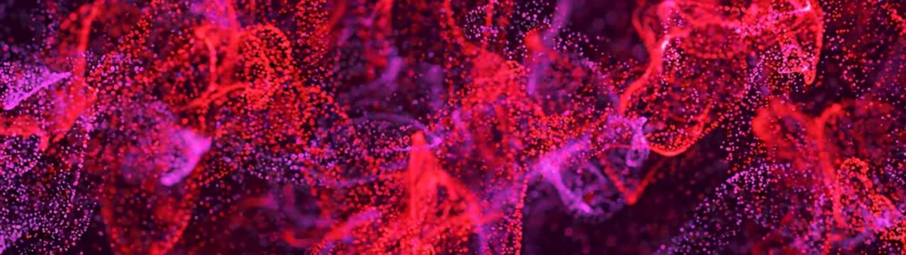 Swirling particles creating a luminous purple and magenta cloud formation, representing connection and digital data streams
