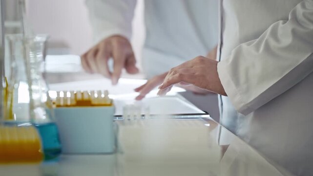 Close-up researchers working in a laboratory. Taking research notes on modern digital tablets
