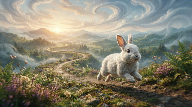 White rabbit mid stride on a grassy path before rolling forested hills