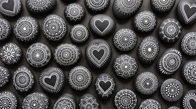 Zen meditation background featuring hand painted mandala stones with heart motifs, creative mindfulness and spiritual relaxation concept
